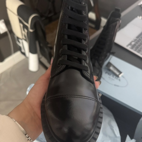 PRADA SPAZZOLATO LEATHER COMBAT BOOTS IN BLACK - Picture 4 of 11